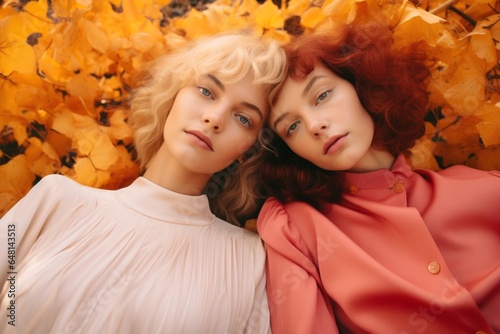 Two young women in fall-inspired clothing are happily posing in a beautiful portrait surrounded by confetti-like leaves, celebrating the beauty of the season