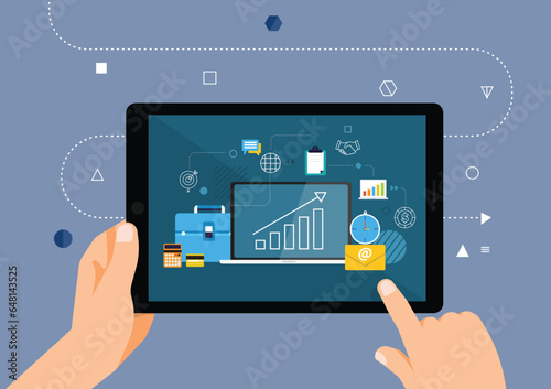 businessman doing market analysis using tablet, Flat design concept.	