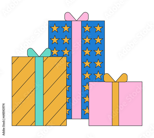 Birthday bonus gift boxes 2D linear cartoon object. Black Friday holiday deals isolated line vector element white background. Promotional awards. Presents Christmas color flat spot illustration