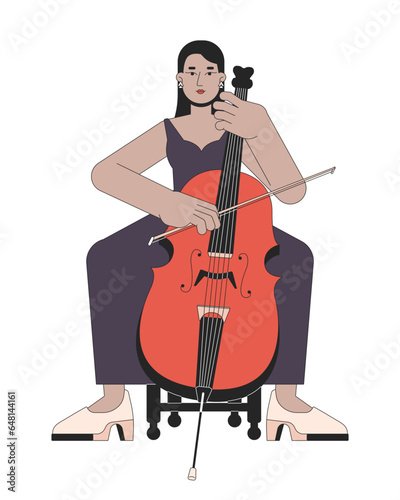 Concert cello girl line cartoon flat illustration. Middle eastern adult woman musician cellist 2D lineart character isolated on white background. Playing orchestra instrument scene vector color image