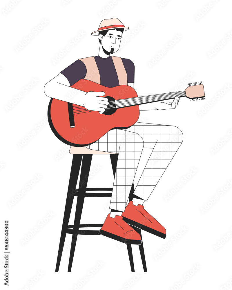 Acoustic guitarist plucking strings line cartoon flat illustration