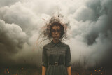 Confused woman, dark clouds, depression, trauma, loneliness and mental health, brain fog by dementia, social issue 