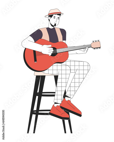 Acoustic guitarist plucking strings line cartoon flat illustration. Caucasian adult man sitting on bar stool 2D lineart character isolated on white background. Music festival scene vector color image