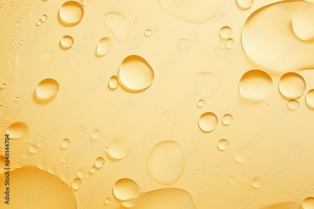 Yellow stains on beige background. Droplets, bubbles, essence. Liquid drops, cosmetic oil, water puddles. Generative AI