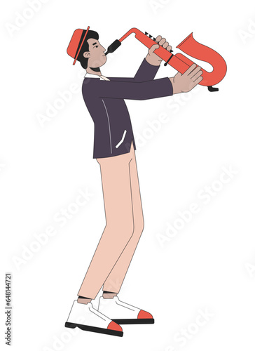 Jazz saxophone player line cartoon flat illustration. Indian adult man playing musical instrument 2D lineart character isolated on white background. Saxophonist musician scene vector color image