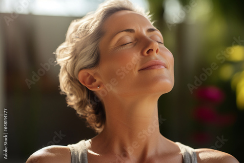 Peaceful Woman Engaging in Deep Meditation Amidst Lush Greenery in a Tranquil Park Setting
