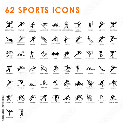 Sports icons. Vector isolated pictograms on white background with the names of sports disciplines.