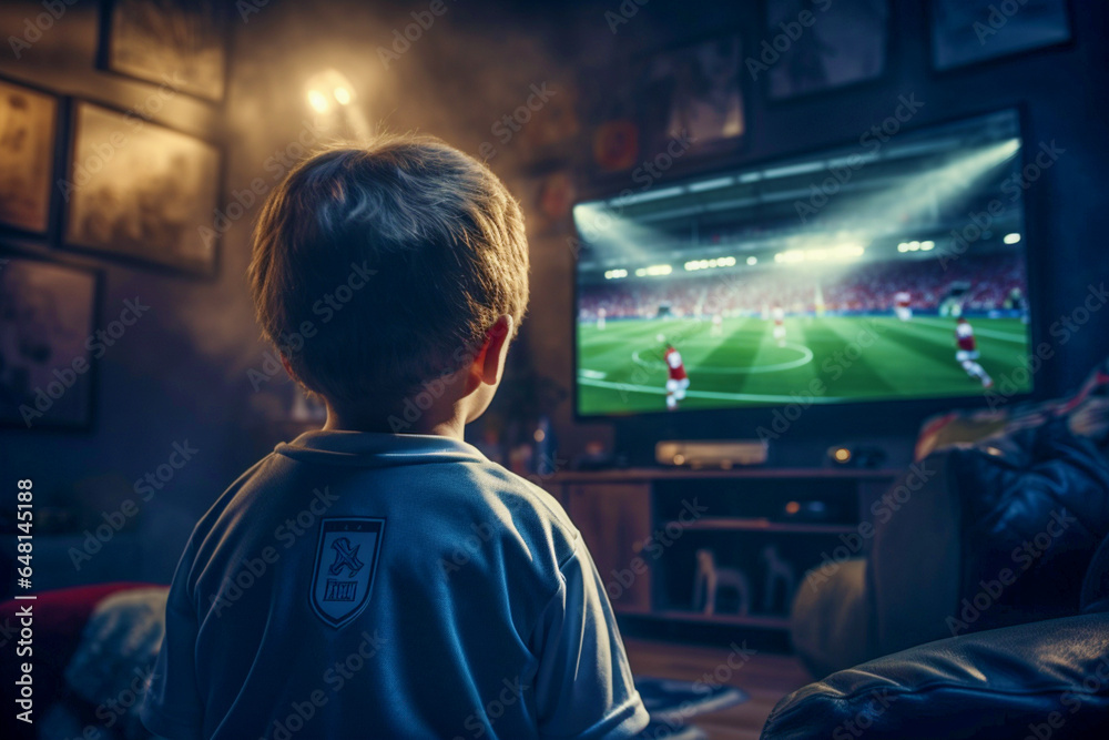 A little boy is watching a professional football match on TV, sitting at home on the couch in the evening. Football fans watching sports.