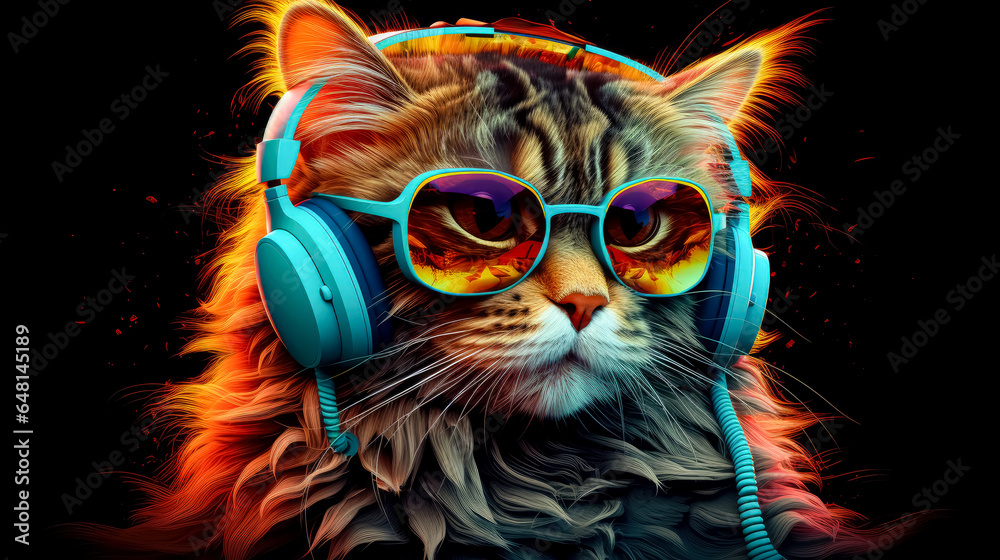 Cat with sunglasses and headphones, electric color schemes.
