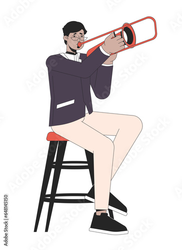 Jazz trombone player line cartoon flat illustration. Arab adult man trompette musicien 2D lineart character isolated on white background. Male orchestra musician trumpet scene vector color image