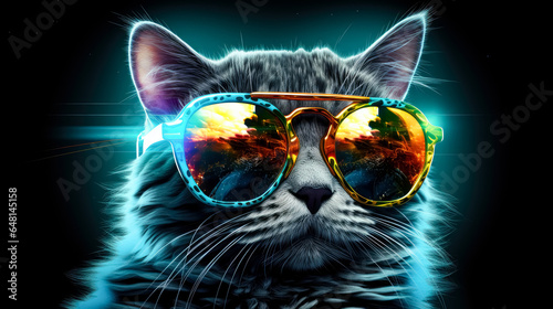 A cute kitten wearing sunglasses on a black background, colorful charming cat.