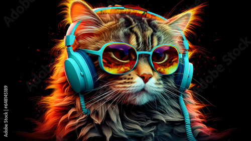 Cat with sunglasses and headphones, electric color schemes. © Saulo Collado