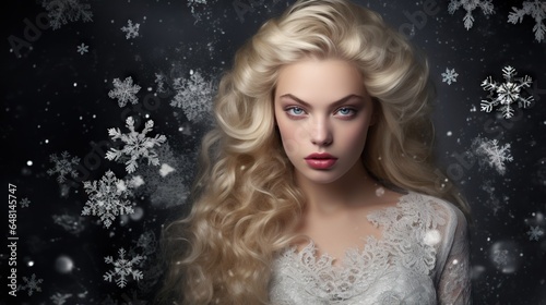  a woman with long blonde hair wearing a white dress and snowflakes.  generative ai