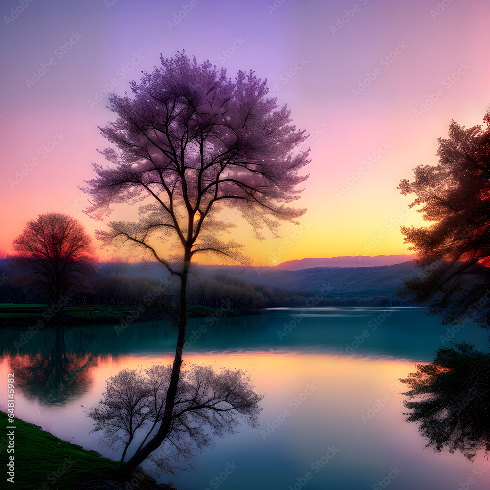 Lake spring realistic pastel tones sunset cinematic.