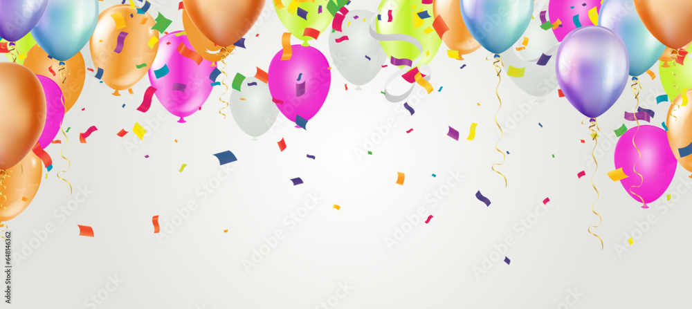 Celebration background with balloons and confetti. Vector illustration.