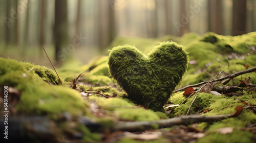 Forest dig cemetery, funeral background - Closeup of wooden heart on moss. Natural burial grave in the woods. Tree burial