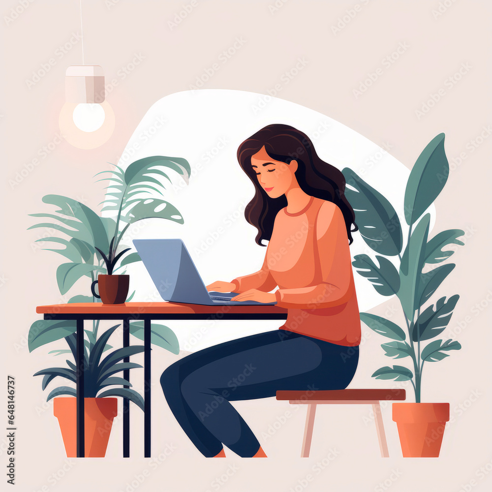 Flat vector illustration of young busy woman working or studying on her desk. Flat vector illustration of young busy woman working or studying on her desk.