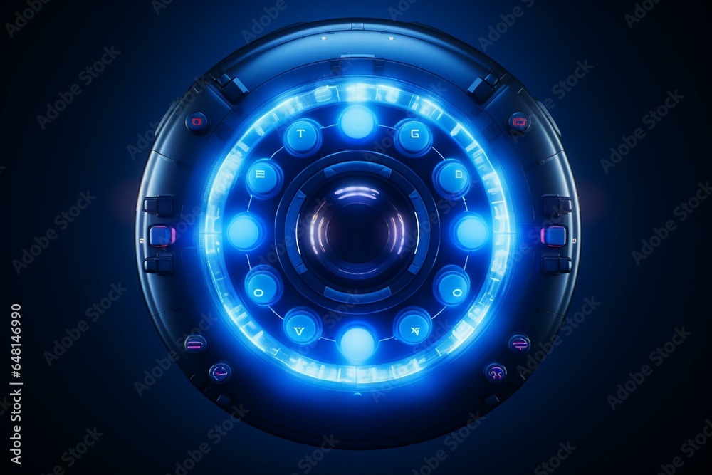 Circular controller with central button. Deep blue backdrop, vibrant lighting. Generative AI