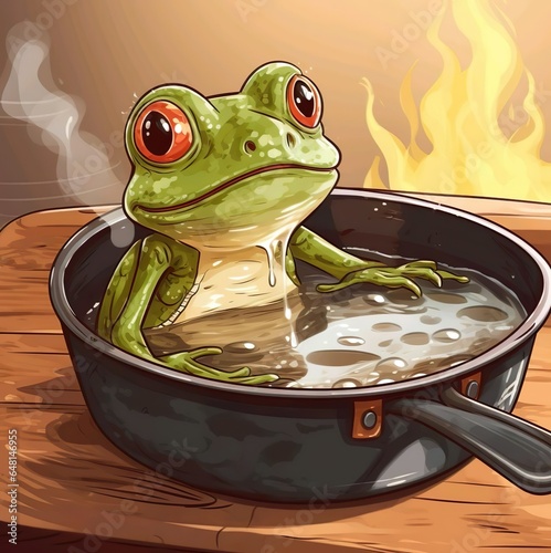 Illustration painting of a frog taking a bath with hot water
