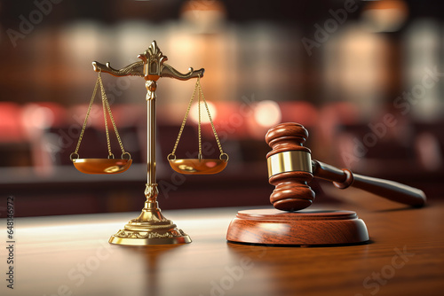 Wooden judges gavel and scales in courtroom - concept of justice