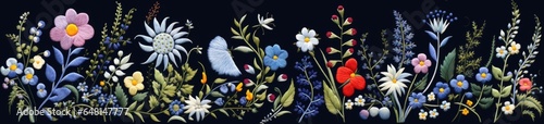 A painting of a field of flowers on a black background