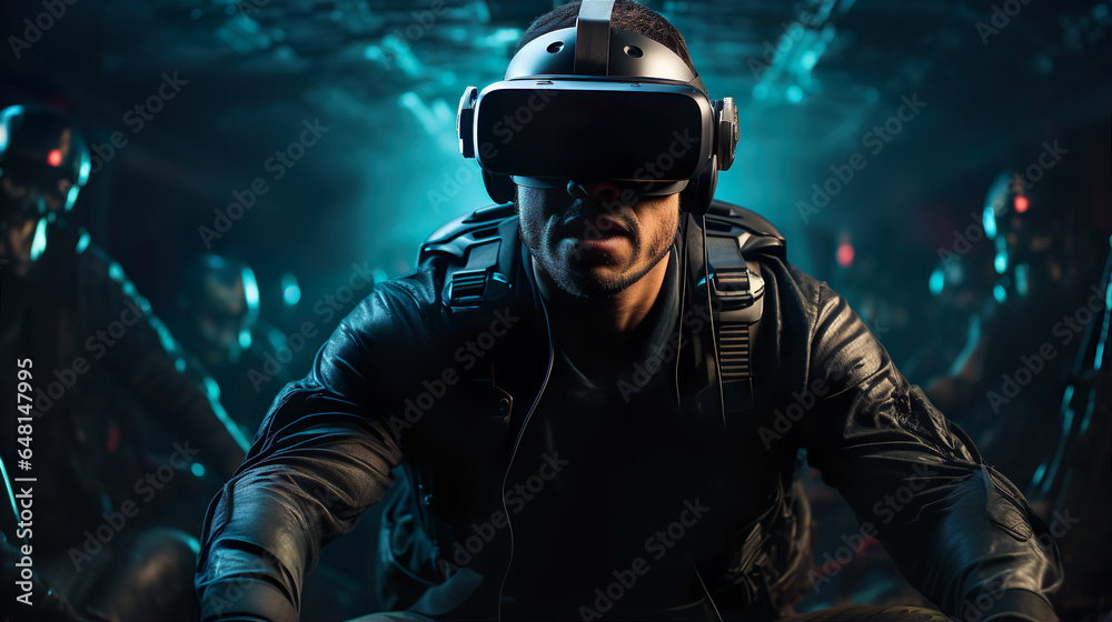 Man With Virtual Glasses. Illustration On The Theme Of Technology And The Future, World And Science, Computer Games And Fantasy. Generative AI Man With Virtual Glasses. Illustration On The Theme Of Technology And The Future, World And Science, Computer Games And Fantasy. Generative AI