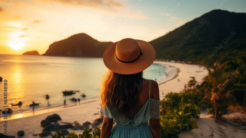 Fototapeta premium Beautiful young woman with long brown hair and wearing a hat watching the golden sunset at beautiful beach.