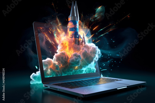 A laptop with a white rocket flying out of the screen, vibrant, high-energy imagery.