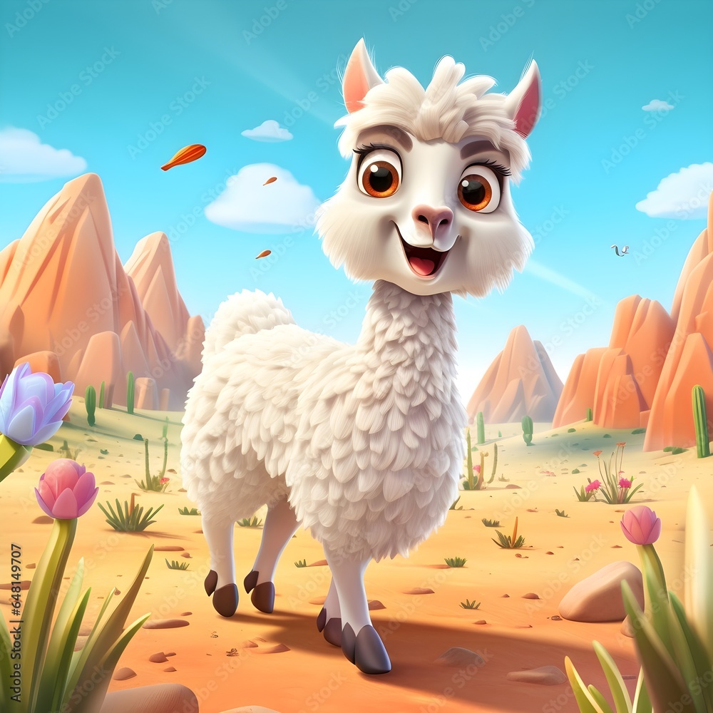 Obraz premium A whimsical 3D-style illustration of a happy llama, perfect for children's entertainment