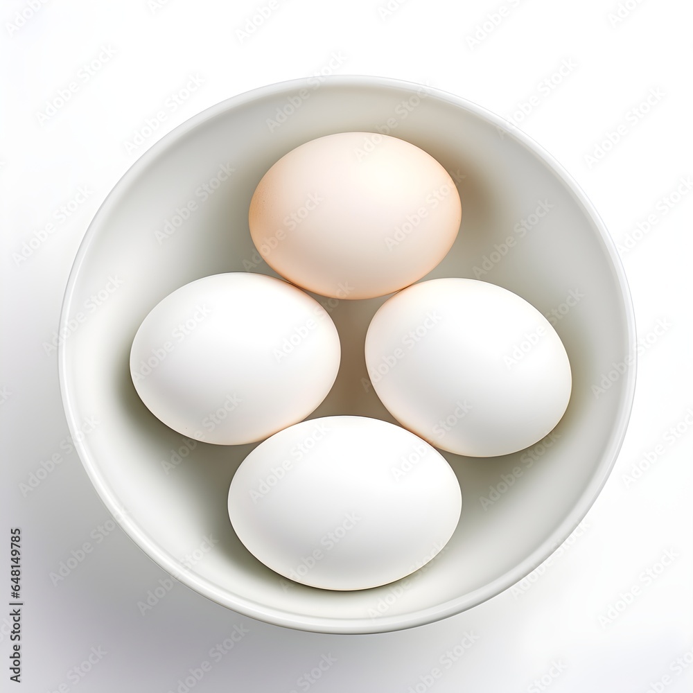 A simple yet essential culinary scene with three fresh eggs nestled in a bowl, ready for cooking.