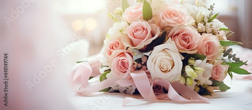 Selective focus on the bride s morning details wedding bouquet with roses and other flowers in the interior photo
