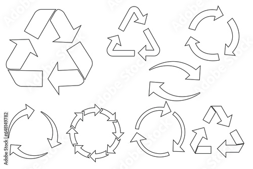 Waste and recycling vector line icons set. Contains linear contour icons of recycling, recycling arrows. Symbol of ecology and purity on a transparent background.Vector illustration.