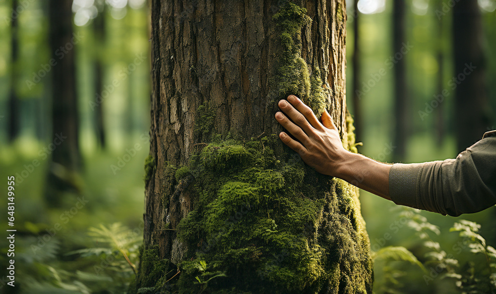 Man hand touch the tree trunk. Bark wood.Caring for the environment. The ecology the concept of saving the world and love nature by human. Ecology and energy forest nature copy space - obrazy, fototapety, plakaty 