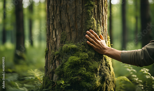 Man hand touch the tree trunk. Bark wood.Caring for the environment. The ecology the concept of saving the world and love nature by human. Ecology and energy forest nature copy space photo