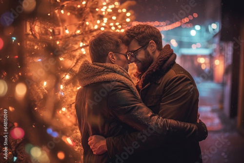 Portrait of a gay couple in love against the background of a Christmas tree photo