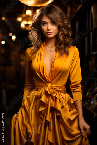 a beautiful woman wearing a beautiful dress in golden mustard color generative AI