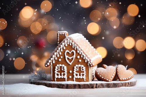 Christmas gingerbread house with bokeh lights garland with snowfall