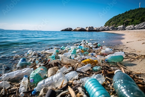 Fototapeta Naklejka Na Ścianę i Meble -  Empty used plastic bottle on the beach by the sea, Environmental pollution