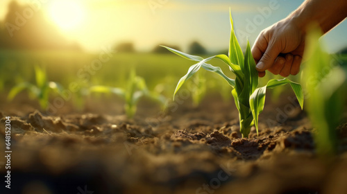 Field worker or Farmer checking health of plants and soil in the field. Farmer checks sprouts