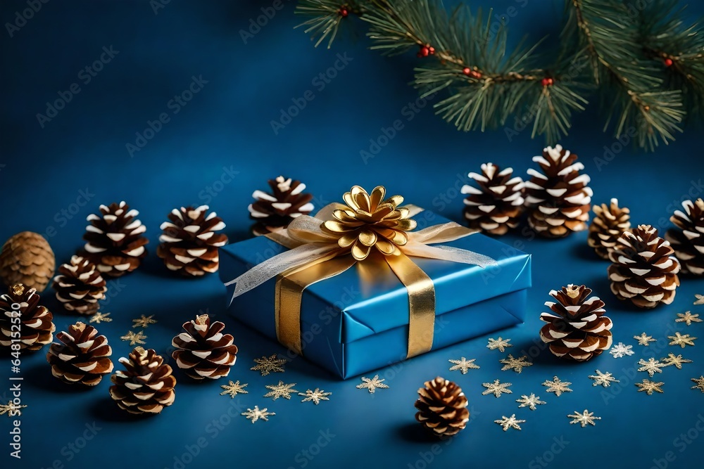 Background of Christmas presents on handmade paper with a golden bow and blue background .