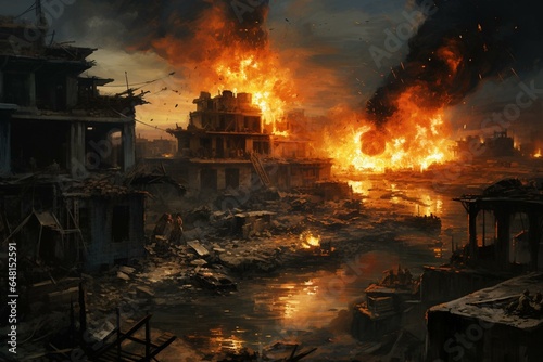 War-torn city with demolished buildings, explosions, fire, and drone strike. Generative AI