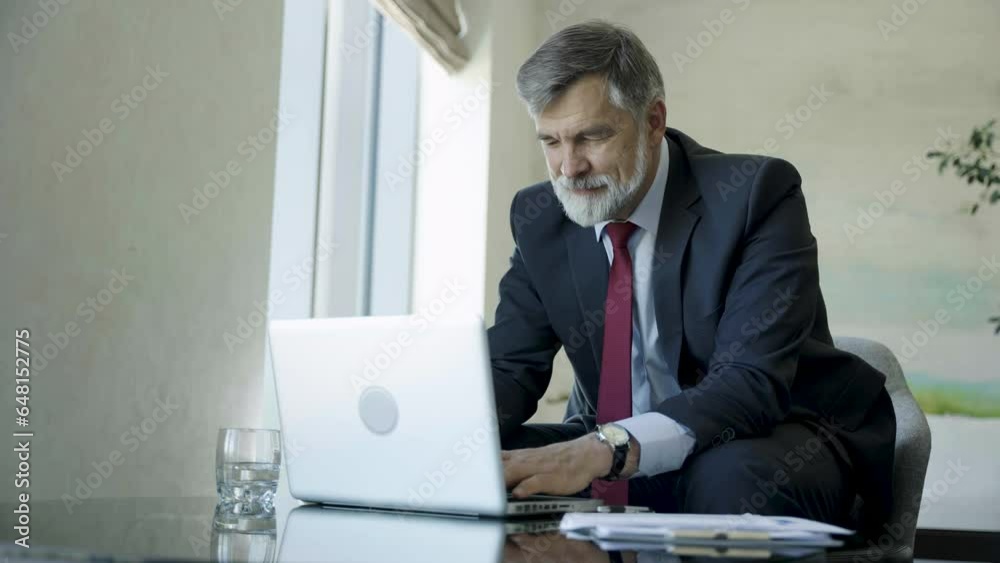 Businessman using laptop computer in office lobby or on cafe. Happy mature man, entrepreneur, small business owner working online Businessman using laptop computer in office lobby or on cafe. Happy mature man, entrepreneur, small business owner working online