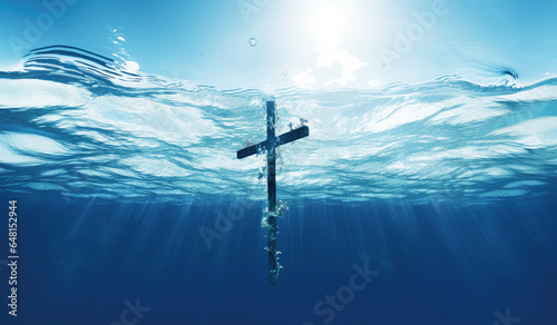 Cross in water. Christian cross underwater.
