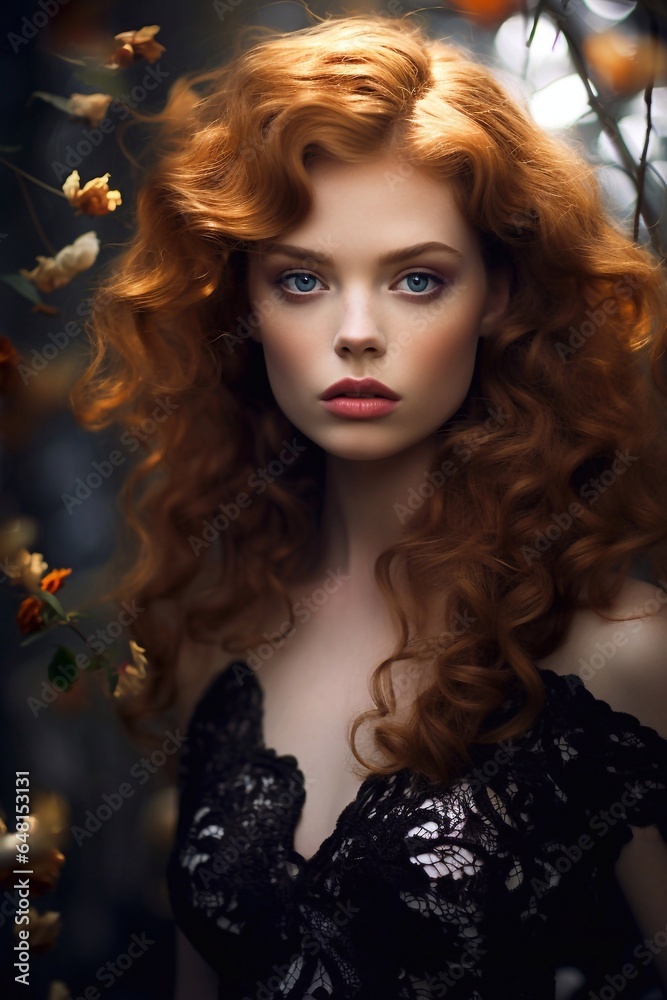 Beautiful redhead girl with long curly hair. Beauty, fashion.