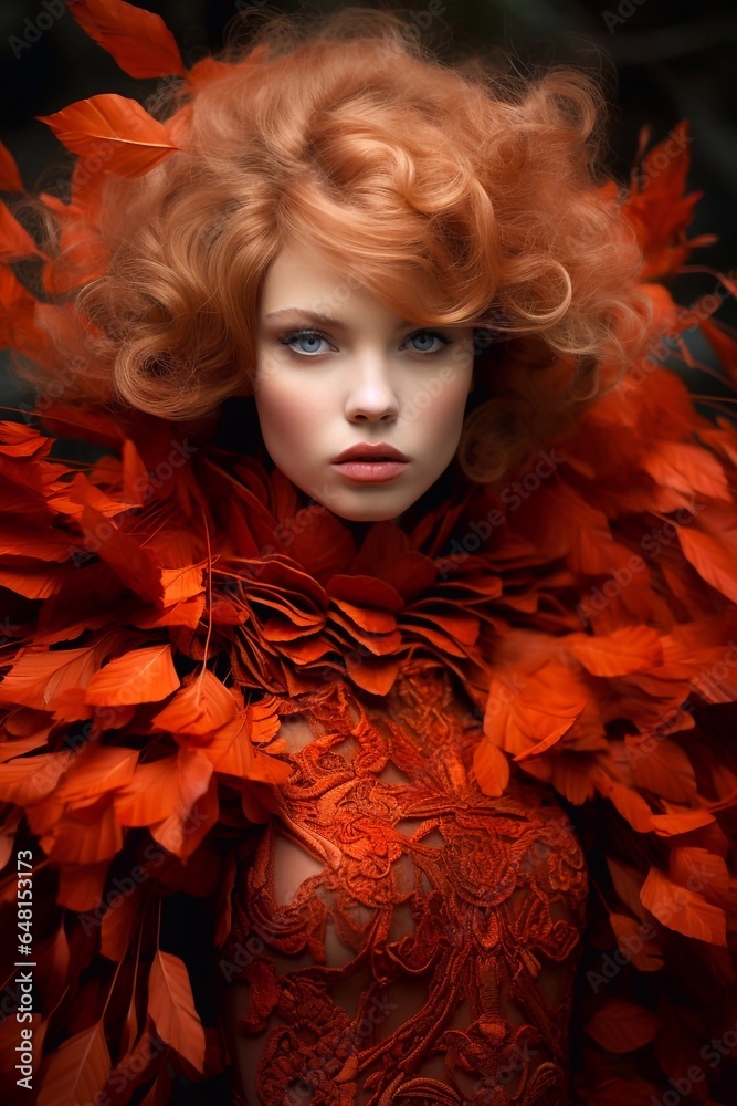 Beautiful young woman with red hair and orange make up. Beauty, fashion.