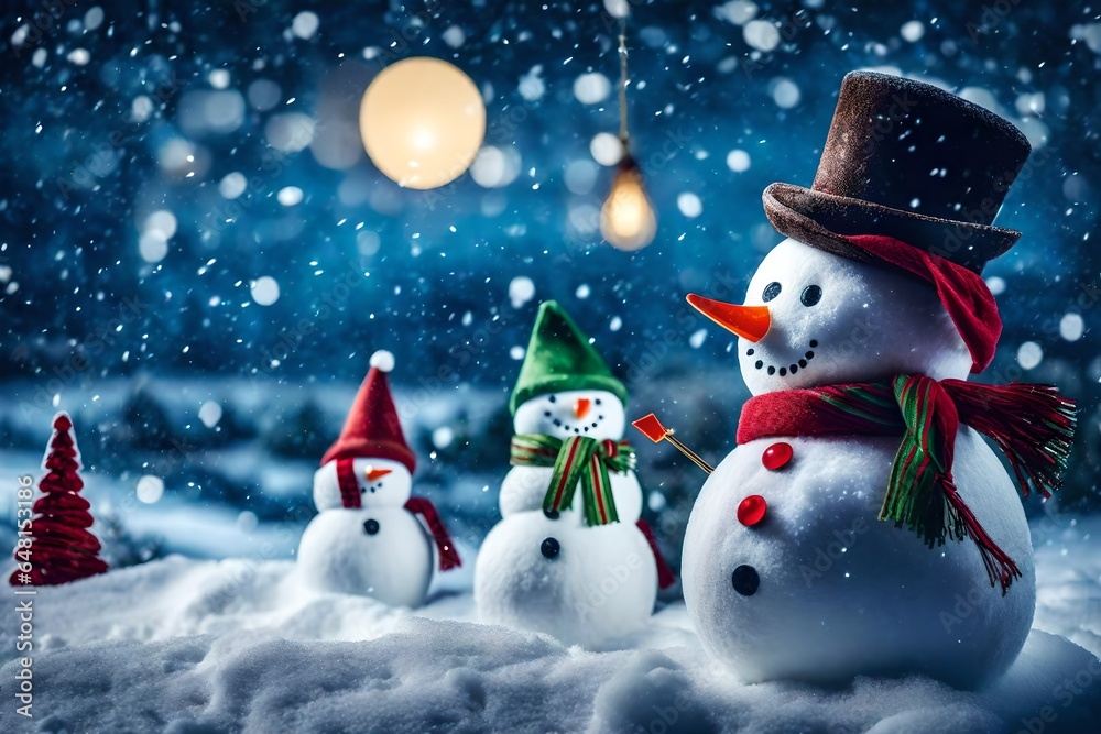 snowman on the snow christmas backdrop.