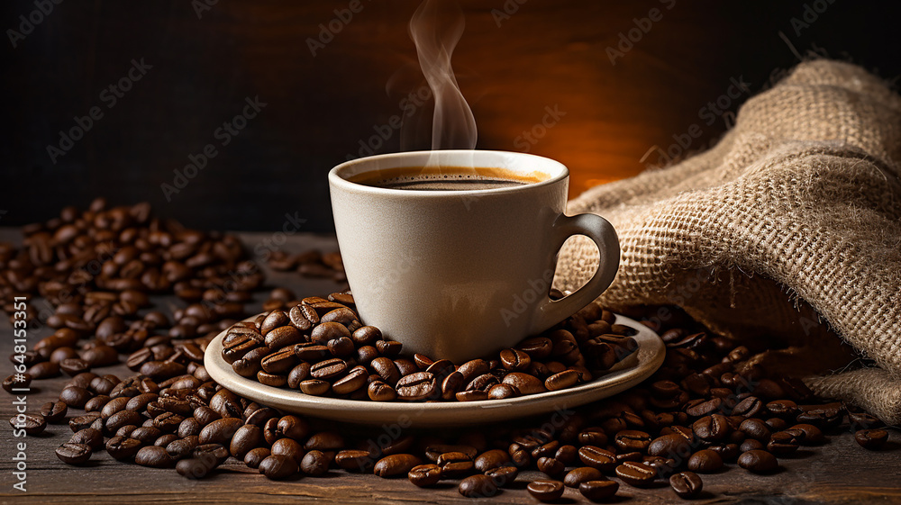 Coffee cup with coffee beans and burlap. Coffee cup with coffee beans and burlap.