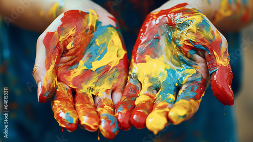 Close up of woman hands dirty with acrylic paint.