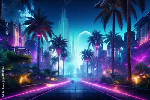 Cyber village road with neon palm trees wallpaper. Generative AI