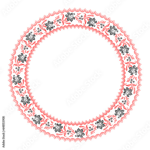 Vector illustration of Ukrainian floral ornament in ethnic style, identity, vyshyvanka, embroidery for print clothes, websites, banners. Background. Geometric design, border, copy space, frame